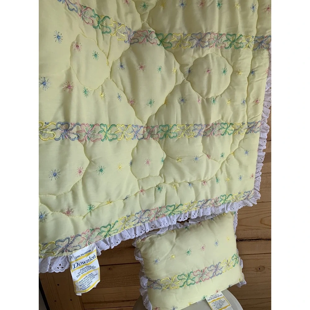 Downlon‎ Vintage 50's 60's New Baby Blanket Set Yellow Flower Ribbon Lace